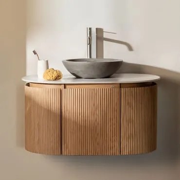 Conjunto De Móvel De Casa De Banho Suspenso Em Madeira Carsone Madeira Natural & Sem Unidade Auxiliar & Cimento Cinzento Redondo Ø40 Cm Tarsis - Sklum