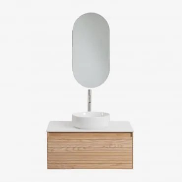 Conjunto De Móvel De Casa De Banho Suspenso Em Madeira De Freixo Tedrik Castanho Fresno & Cerâmica Redonda Branca Ø40 Cm Lenka - Sklum