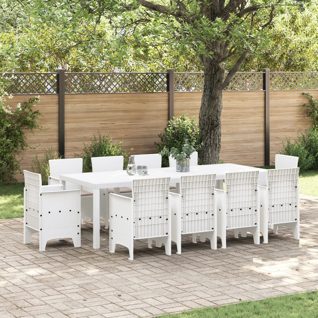 vidaXL Conjunto de Jantar de Jardim de 11 Peças com Almofadas Branco Rattan Poliéster