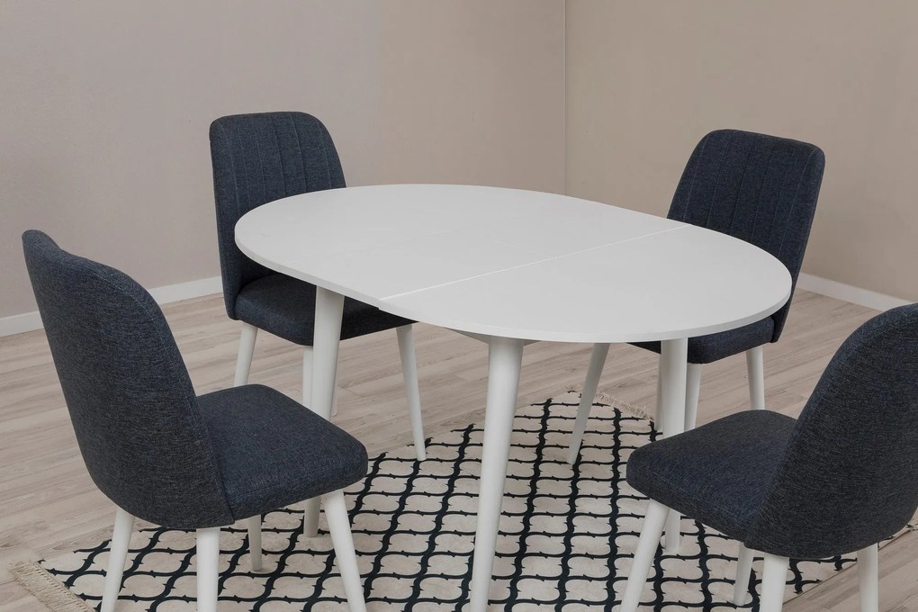 Conjunto de Mesa de Jantar Extensível e Cadeiras Vina – Branco e Azul