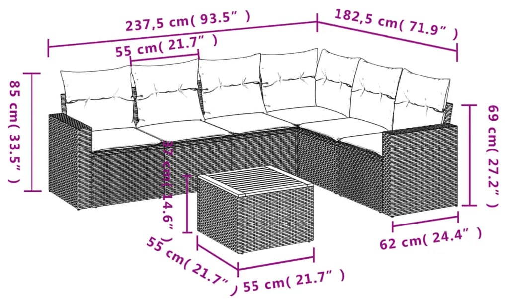 7 pcs conjunto de sofás p/ jardim c/ almofadões vime PE preto