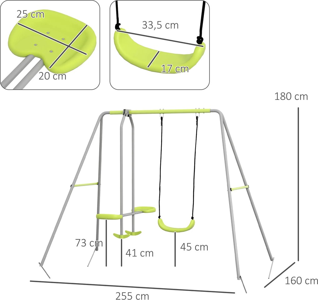 Baloiço para Crianças Baloiço Jardim com 1 Baloiço Simples 1 Planador e Anti-UV 255x160x180 cm Cinza e Verde