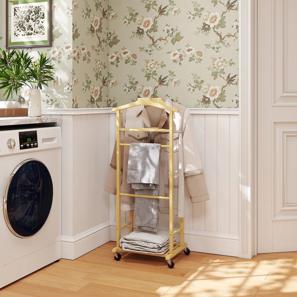 Cabide de Pé de Bambu Cabide com Rodas Suportes para Roupas Barras para Calças Bandeja e Sapateira  47x33,7x105,5 cm Madeira