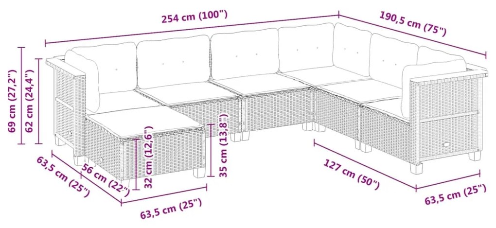 7 pcs conjunto de sofás p/ jardim com almofadões vime PE bege