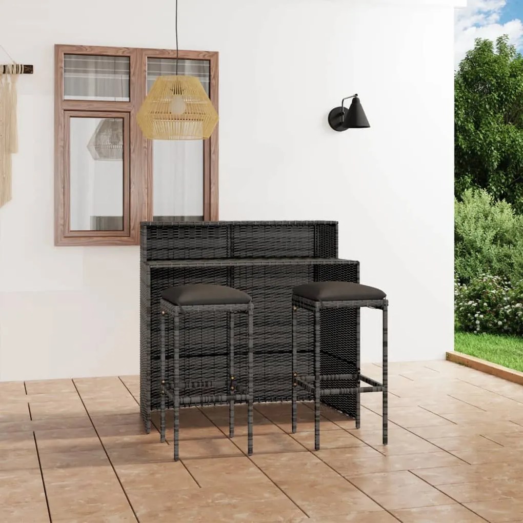 vidaXL 3 pcs conjunto de bar para jardim com almofadões cinzento