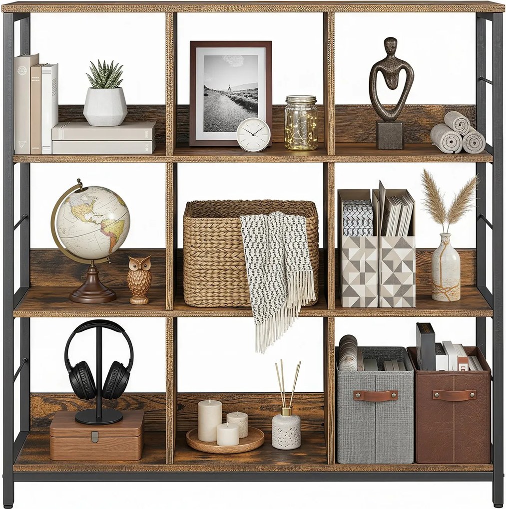 Estante com 3 prateleiras 100 x 30 x 103,1 cm, estante para livros com 9 compartimentos, Castanho vintage-preto