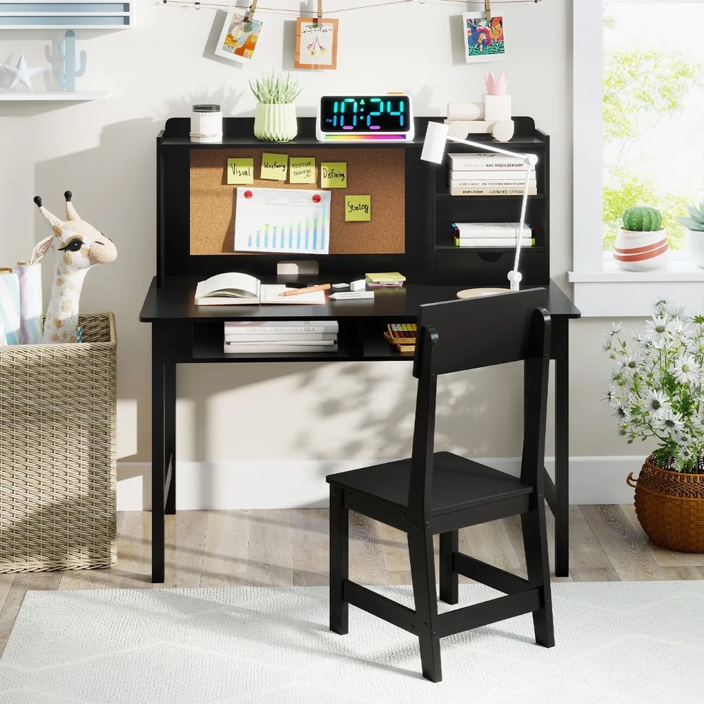 Conjunto de secretária e cadeira infantil em madeira com prateleira de cortiça, estação de computador para quarto, escola, Preta