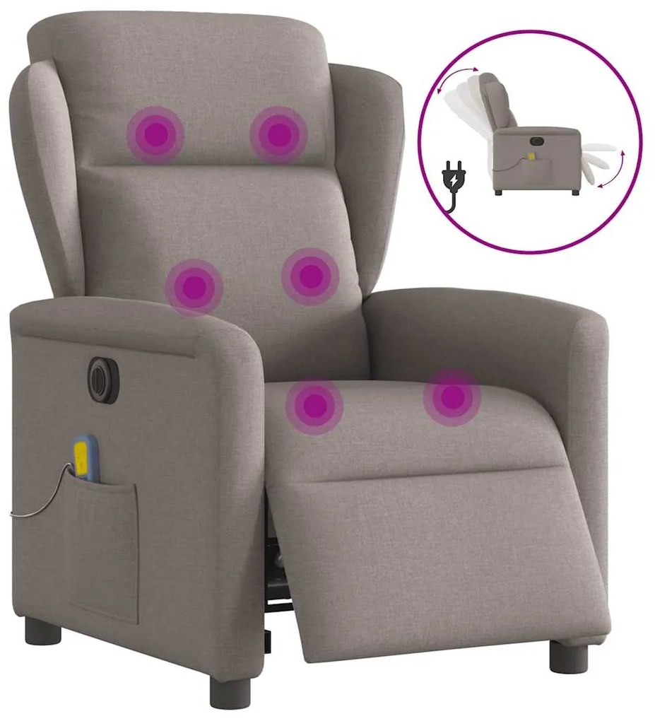 vidaXL Poltrona reclinável massagens elétrica tecido cinza-acastanhado