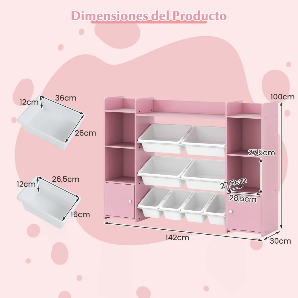 Estante infantil grande para guardar brinquedos de 4 níveis com 8 caixas removíveis para quarto 142 x 30 x 100 cm Rosa