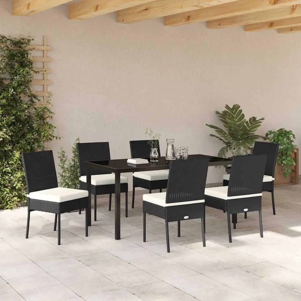 Conjunto de jantar de jardim com 7 peças em polirattan preto.
