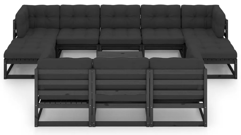 11 pcs conj. lounge de jardim c/ almofadões pinho maciço preto