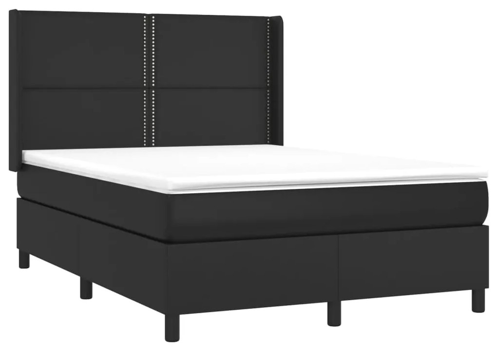 Cama box spring c/ colchão/LED 140x200cm couro artificial preto