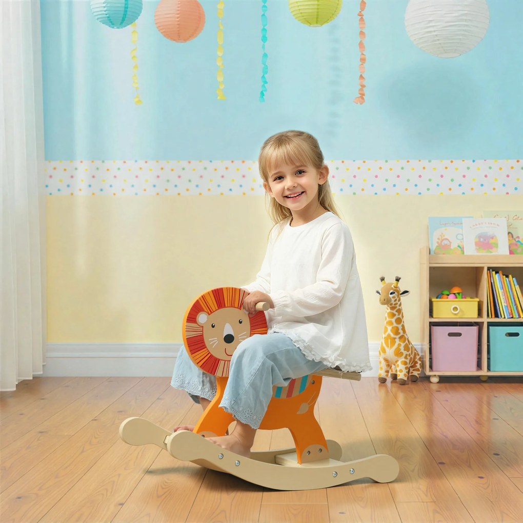 Cavalo de balanço para crianças, leão de brincar de balanço para bebés em madeira com guiador e base estável, 59 x 27 x 43 cm, laranja