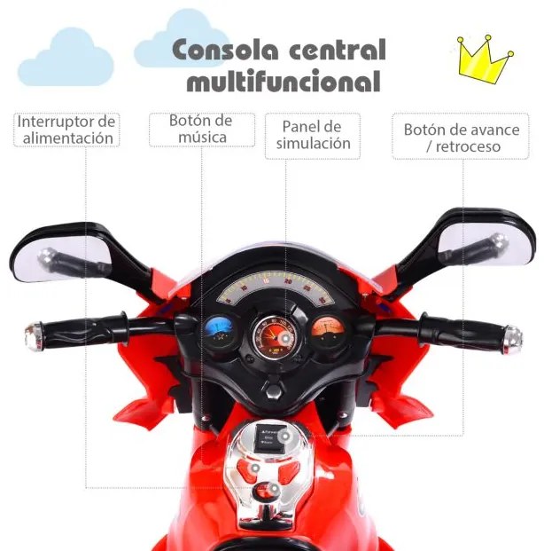 Moto eléctrica para crianças com bateria 6 V com 3 rodas Música incorporada, luzes, velocidade para a frente e marcha-atrás Vermelha