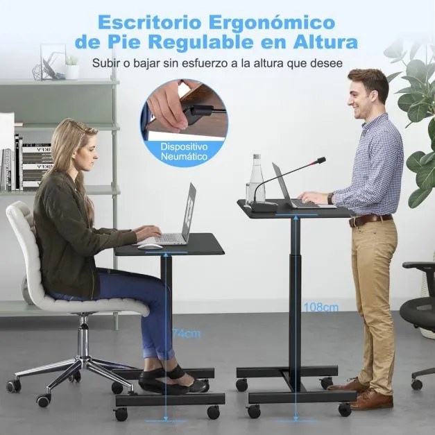 Secretária móvel para computador portátil com rodas Estação de trabalho ajustável em altura Preto