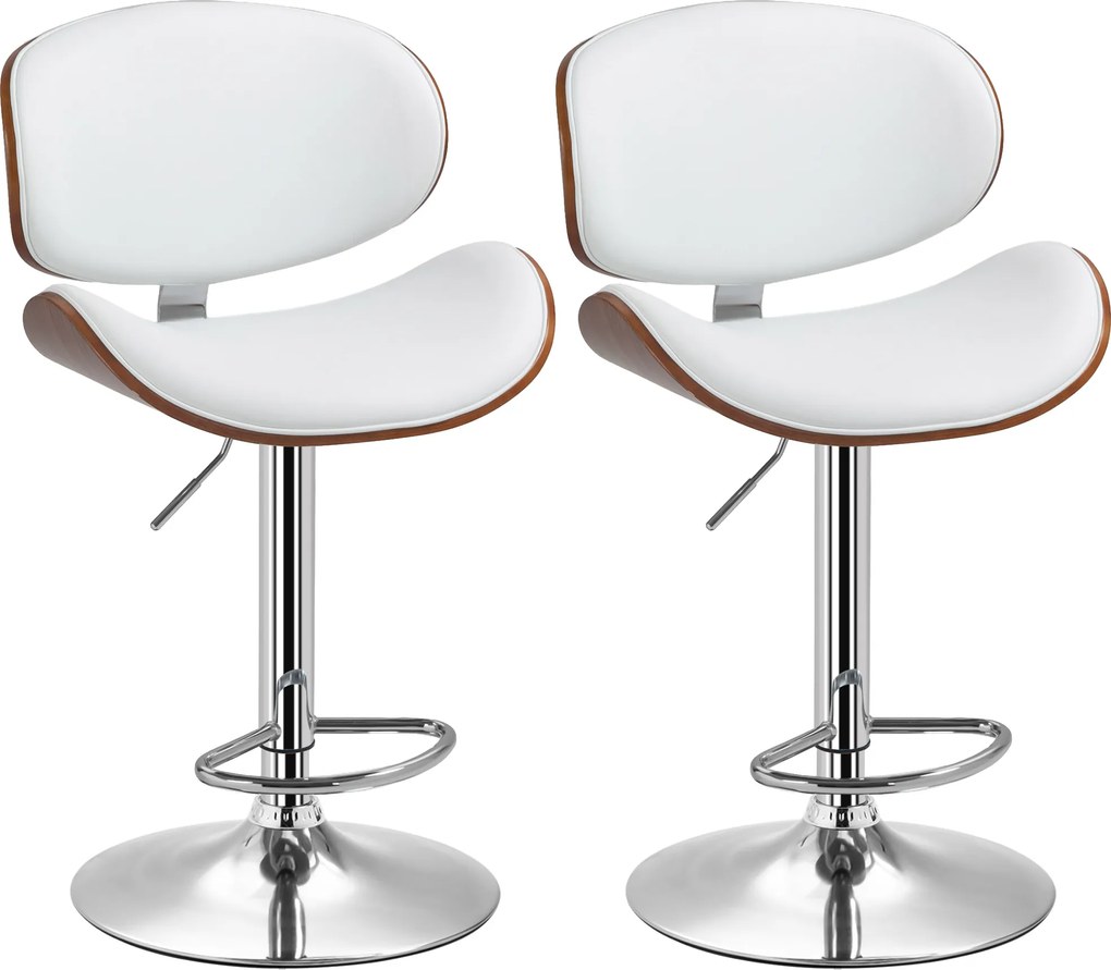 HOMCOM Conjunto de 2 Bancos de Bar Altura Ajustável com Encosto Estofados em Pu 53x52x(92-112) cm Madeira e Branco | Aosom Portugal
