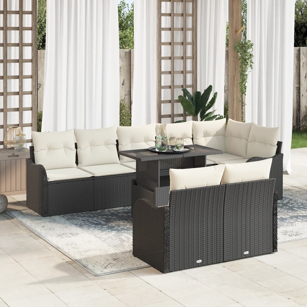 Conjunto de Sofá de Jardim vidaXL 9 Peças com Almofadas Preto Rattan Poliéster