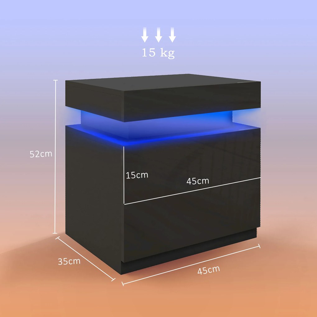 Mesa de Cabeceira com Luz LED Painel de Alto Brilho 2 Gavetas e Controlo Remoto para Dormitório 45x35x52 cm Preto