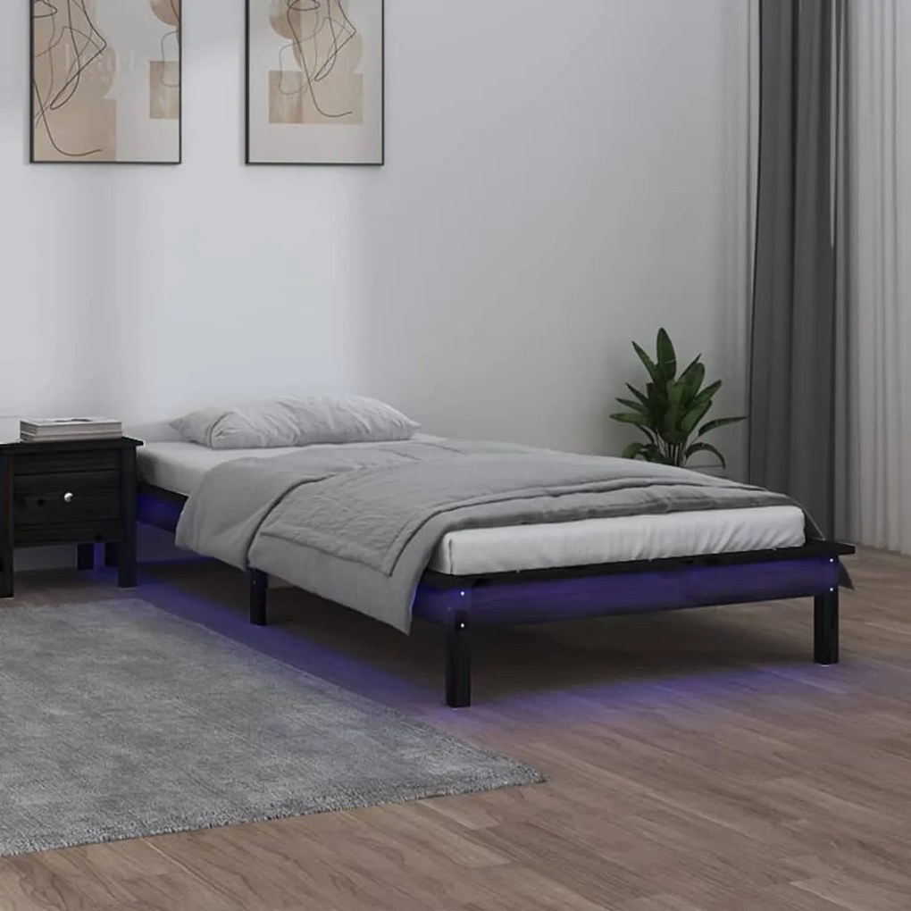 Estrutura de cama com luzes LED 90x200 cm madeira maciça preto