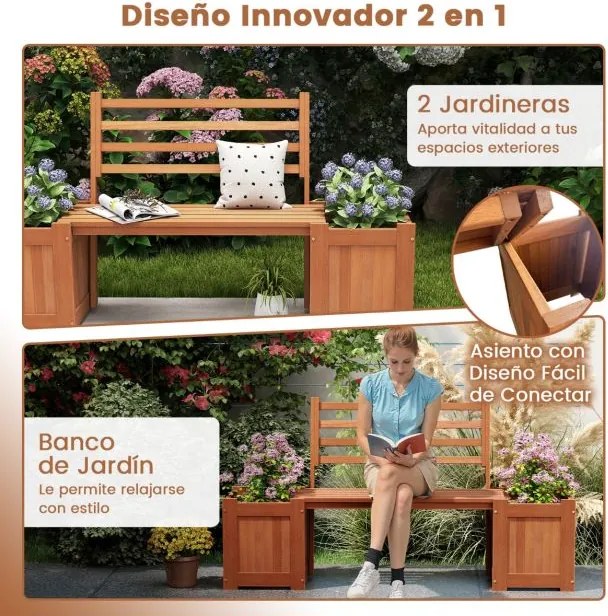 Banco jardim de madeira com floreira para exterior172 x 46,5 x 91 cm Assento com 2 vasos e encosto Base aberta Acabamento em óleo de teca Natural