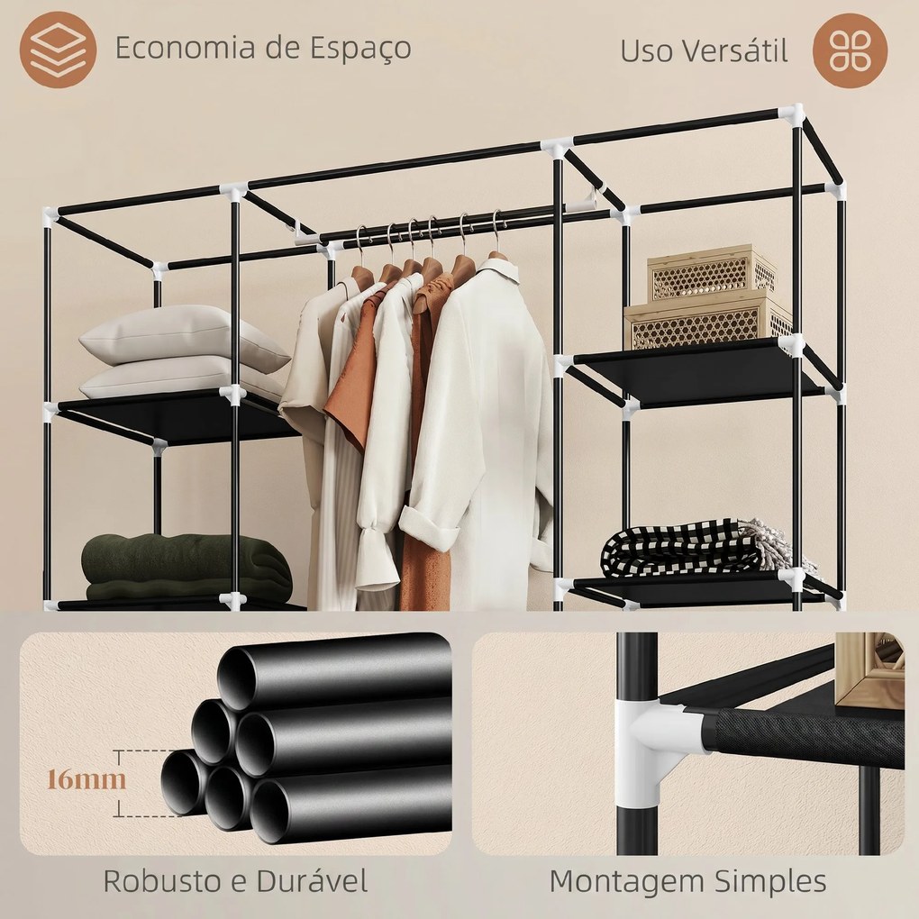 Roupeiro em Tecido com Barra, 10 Prateleiras, Cobertura com Fecho e Estrutura em Aço 150x43x162,5 cm Preto