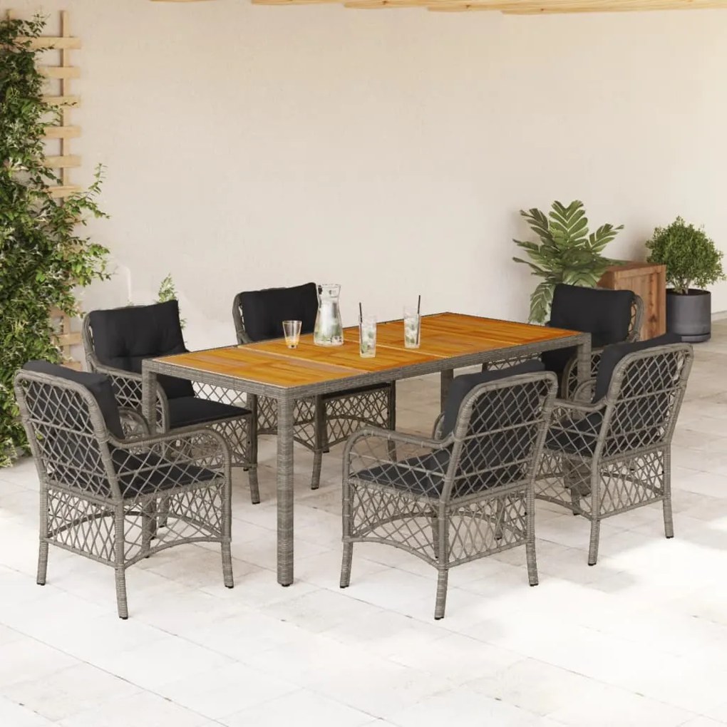 vidaXL 7 pcs conjunto de jantar p/ jardim c/ almofadões vime PE cinza