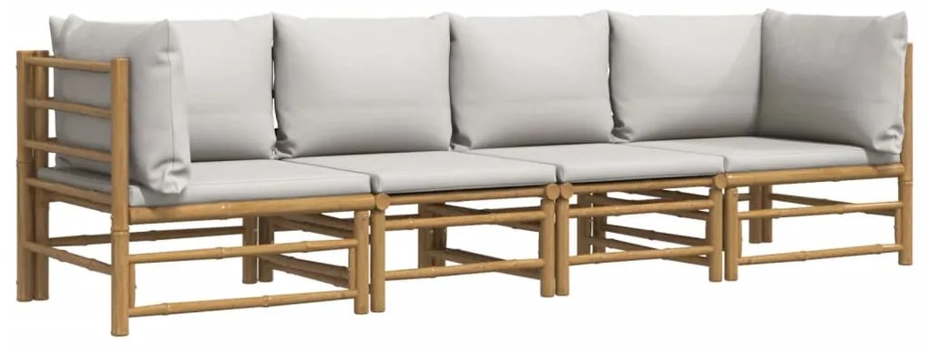 4 pcs conj. lounge de jardim bambu c/ almofadões cinzento-claro