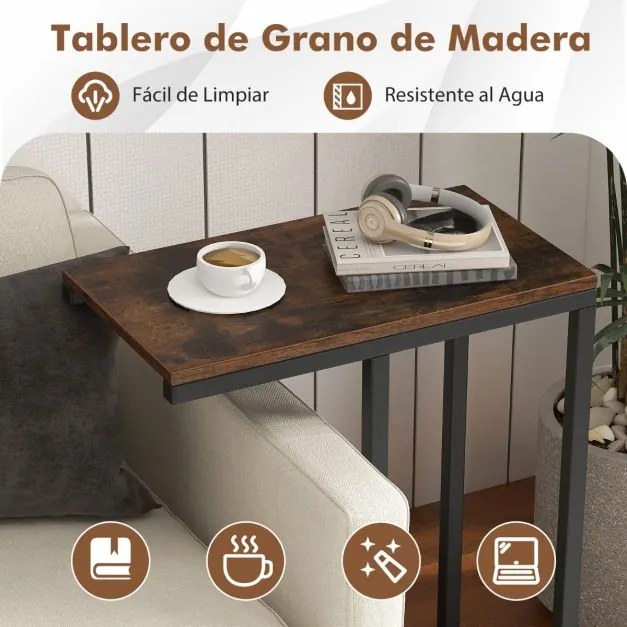 Mesa de apoio em forma de C para sofá e cama Altura 64 cm com estrutura metálica para sala de estar Espaços pequenos Castanha