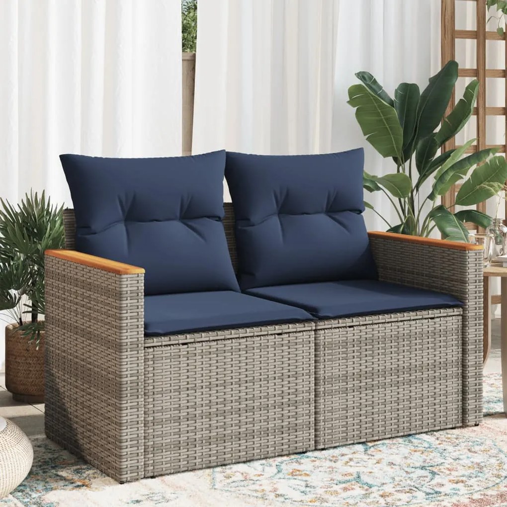 vidaXL Sofá de jardim com almofadas, 2 lugares, vime sintético cinza