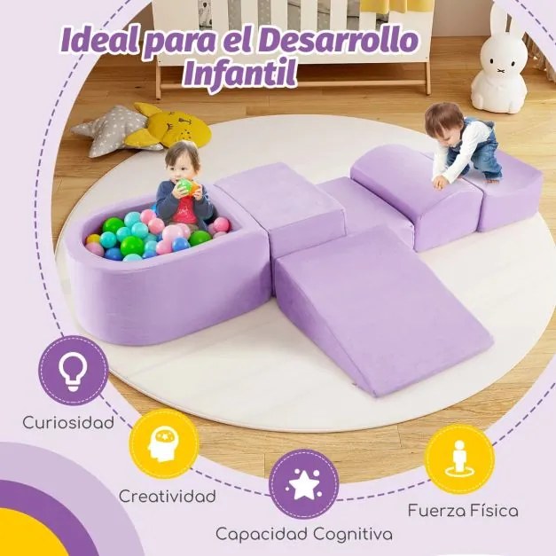 Conjunto de escalada e rampa de 5 peças para crianças Blocos de construção de esponja com piscina de bolas (NÃO INCLUIDAS) Capa lavável Criativo Púrpu