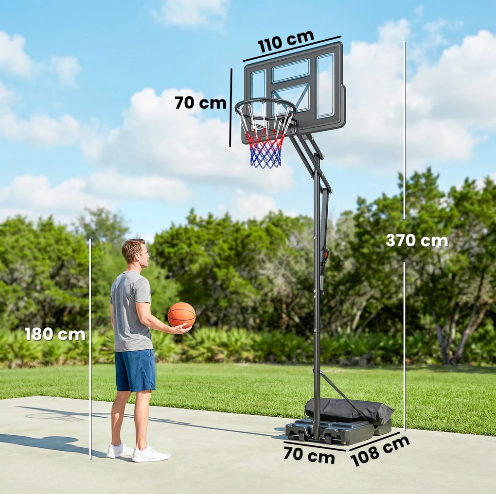 Tabela de Basquetebol para Exterior com Rodas, Altura Ajustável (2,35-3,05 m), Base Preenchível e Bolsa de Peso, Cor Preto