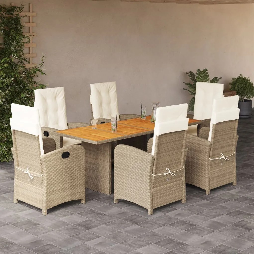 vidaXL 7 pcs conj. jantar jardim c/ almofadões vime PE bege misturado