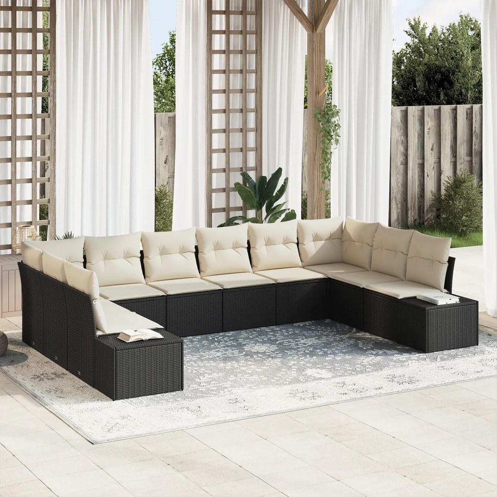 Conjunto de Sofá de Jardim de 10 peças com Almofadas Preto de Rattan P