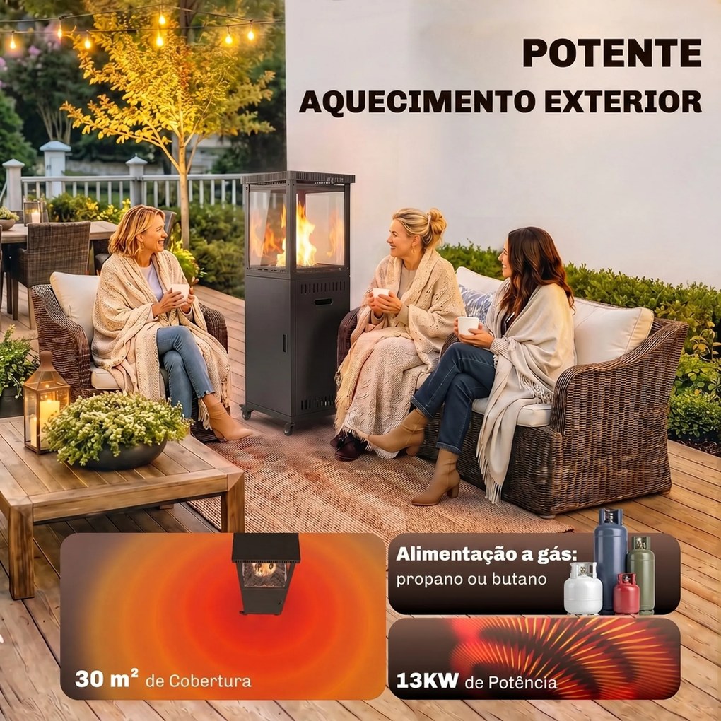 Aquecedor a Gás para Terraço 13 kW Portátil a Propano Regulação Contínua Sistema Antiqueda 4 Rodas Preto