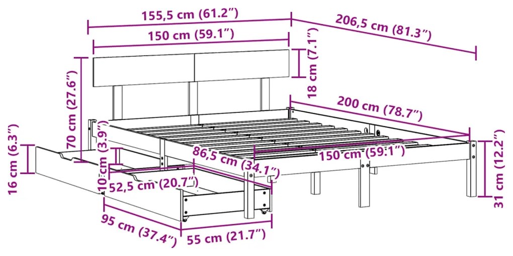 Cama sem colchão 150x200 cm madeira de pinho maciça