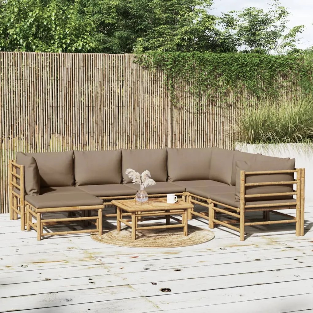 8 pcs conj. lounge jardim bambu almofadões cinzento-acastanhado