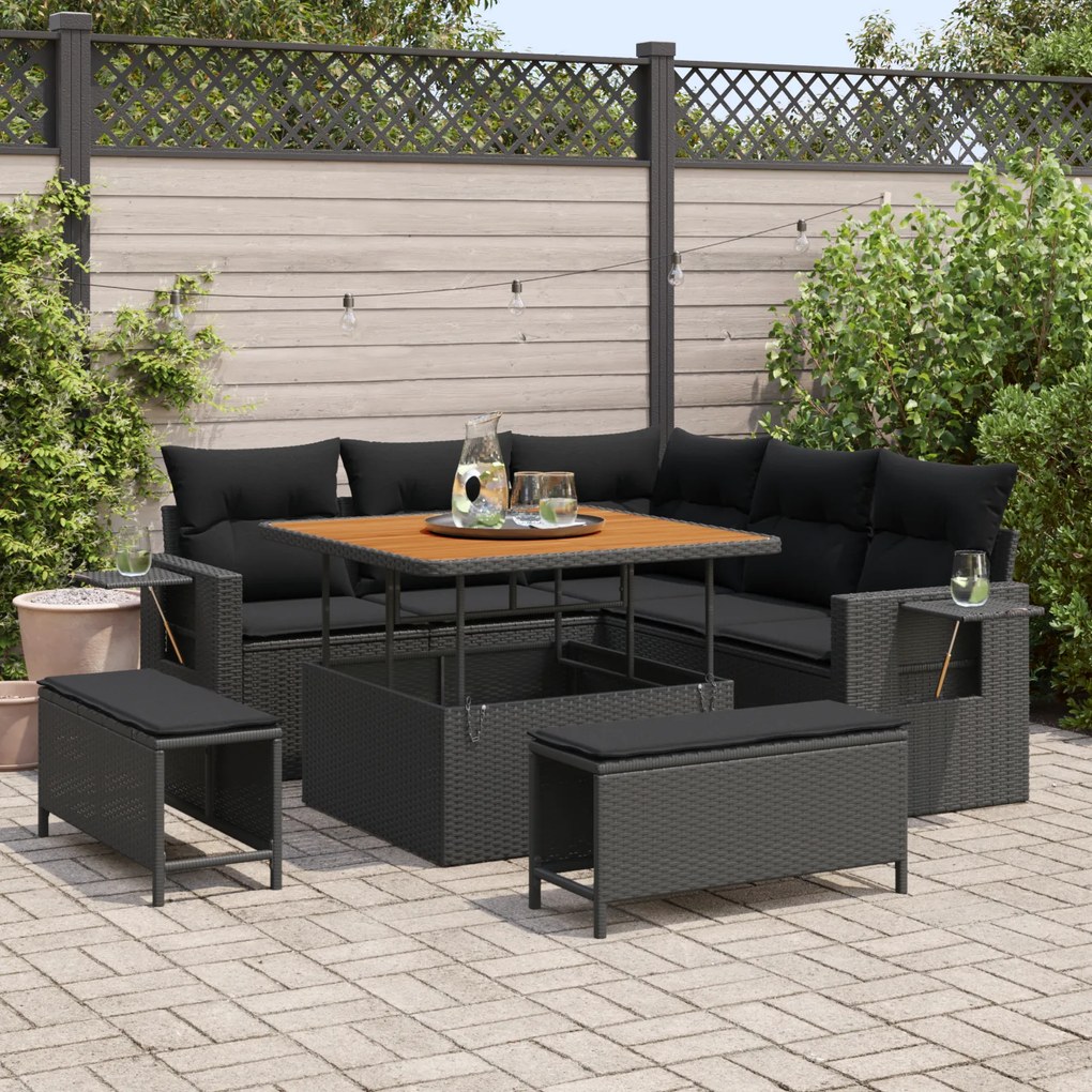 Conjunto de Sofá de Jardim de 8 peças com Almofadas Preto Rattan Poli Acácia