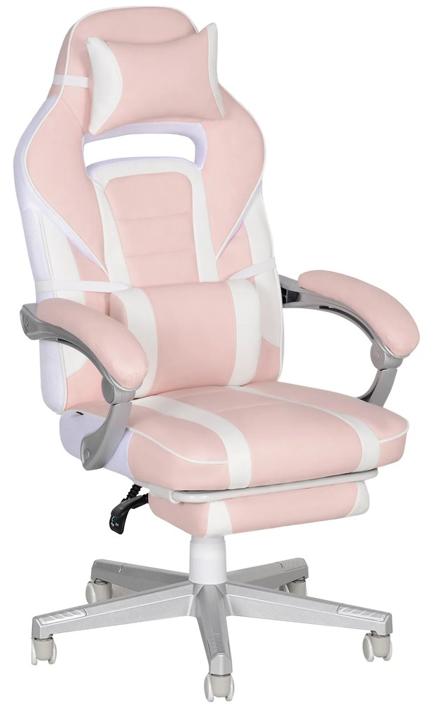 HOMCOM Cadeira Gaming Cadeira de Escritório Reclinável Apoio para os Pés Retrátil Suporte Lombar e Almofada 63x63x115,5-123 cm Rosa | Aosom Portugal