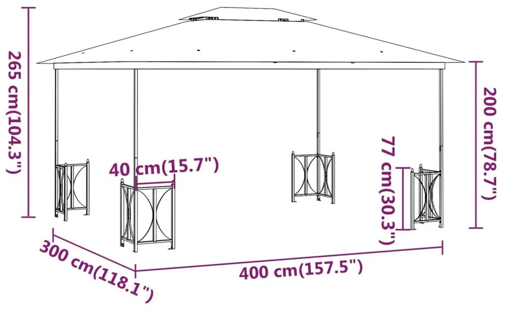 Gazebo c/ paredes laterais e telhado duplo 3x4 m cinza-acast.