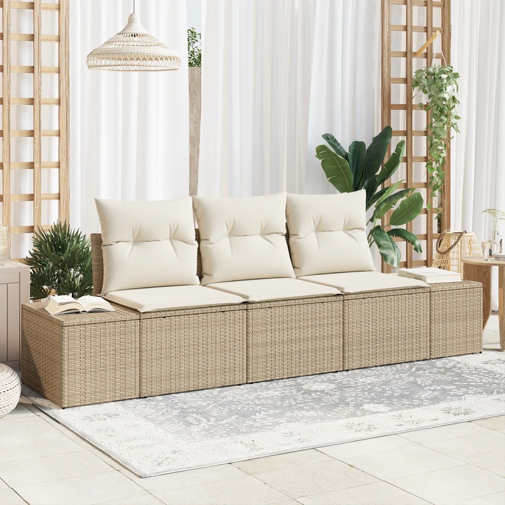 vidaXL Conjunto de Sofá de Jardim de 3 Peças com Almofadas Bege de Rattan Poliéster
