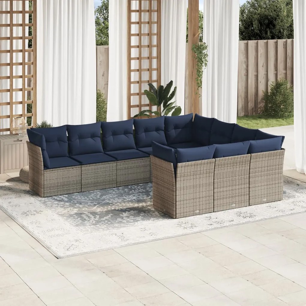 vidaXL 10 pcs conjunto sofás p/ jardim c/ almofadões vime PE cinzento