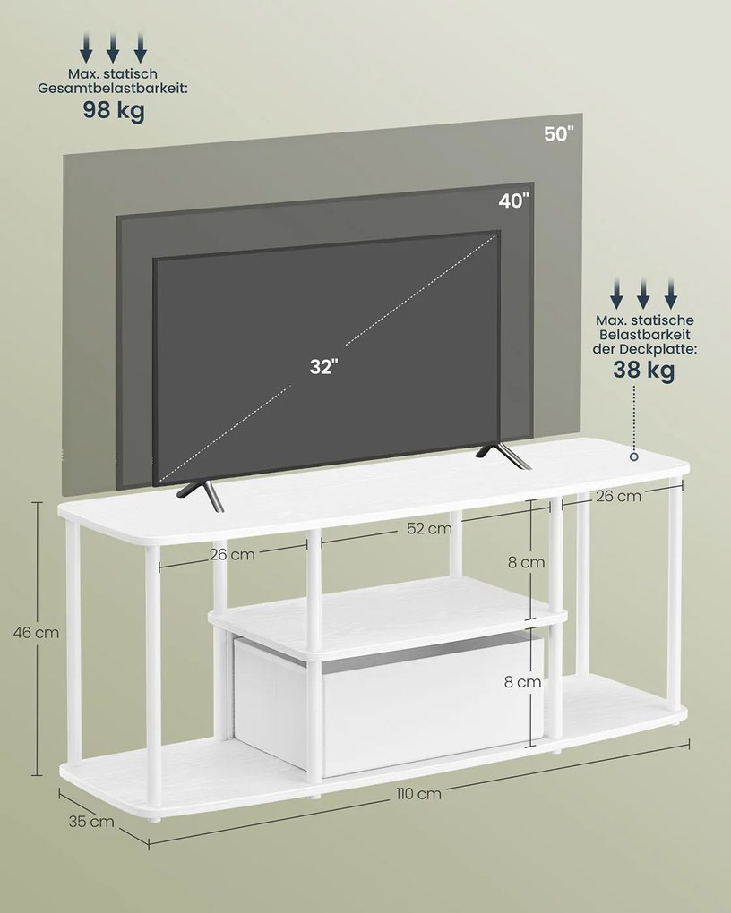 Móvel TV 110 x 35 x 46 cm para televisores até 50 polegadas em aglomerado de madeira, aço branco