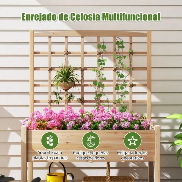Floreira de jardim elevada com treliça e orifícios de drenagem para exterior 117 x 60 x 160 cm Natural