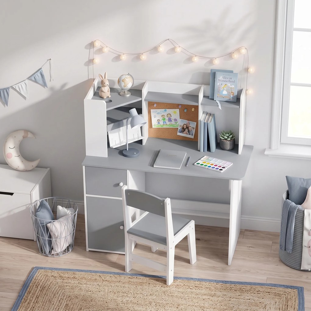 Secretária Infantil com Cadeira Suporte Ajustável para Comprimido Porta-lápis Quadro de Cortiça Estantes e Armários Cinza