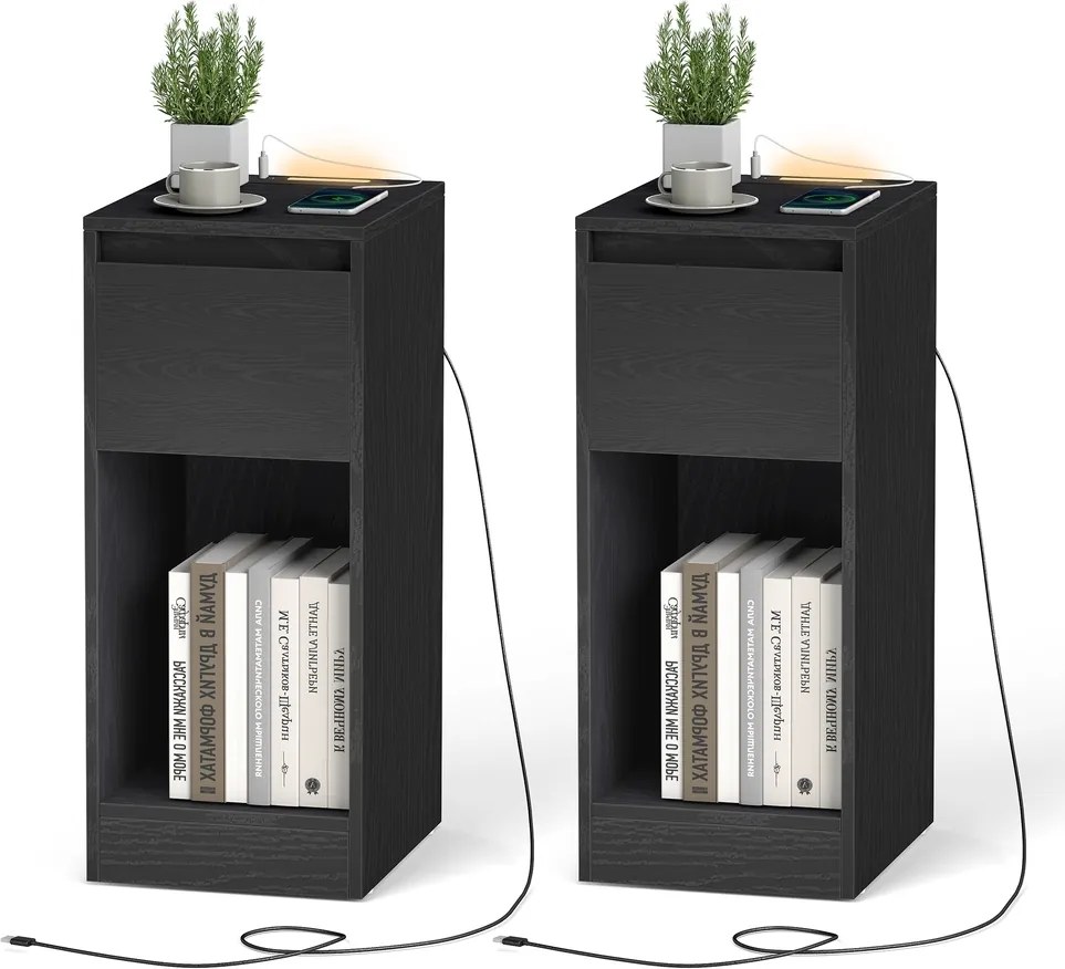 Conjunto 2 mesas de cabeceira 30 x 25 x 59,5 cm com iluminação LED, portas USB e gaveta Pretas