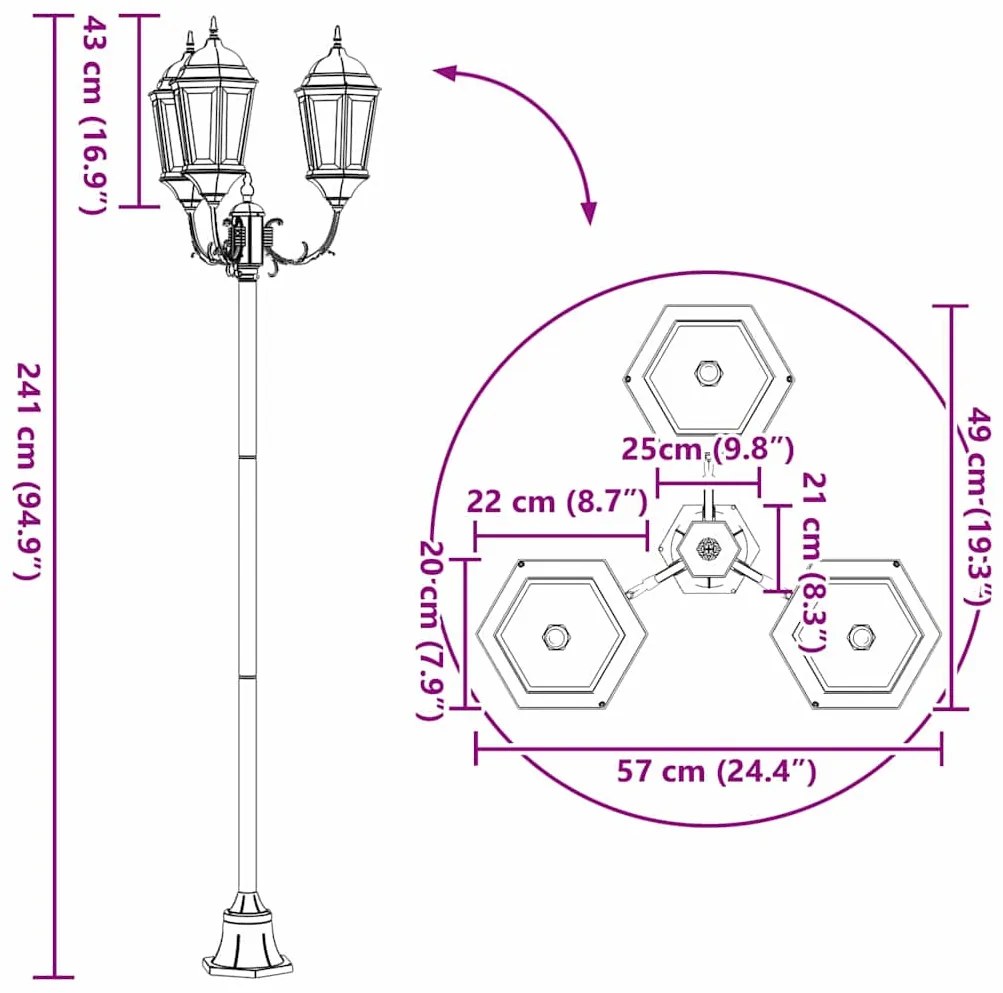 Poste de Luz de Jardim vidaXL 3-Lâmpadas E27 Bronze 220 cm Alumínio