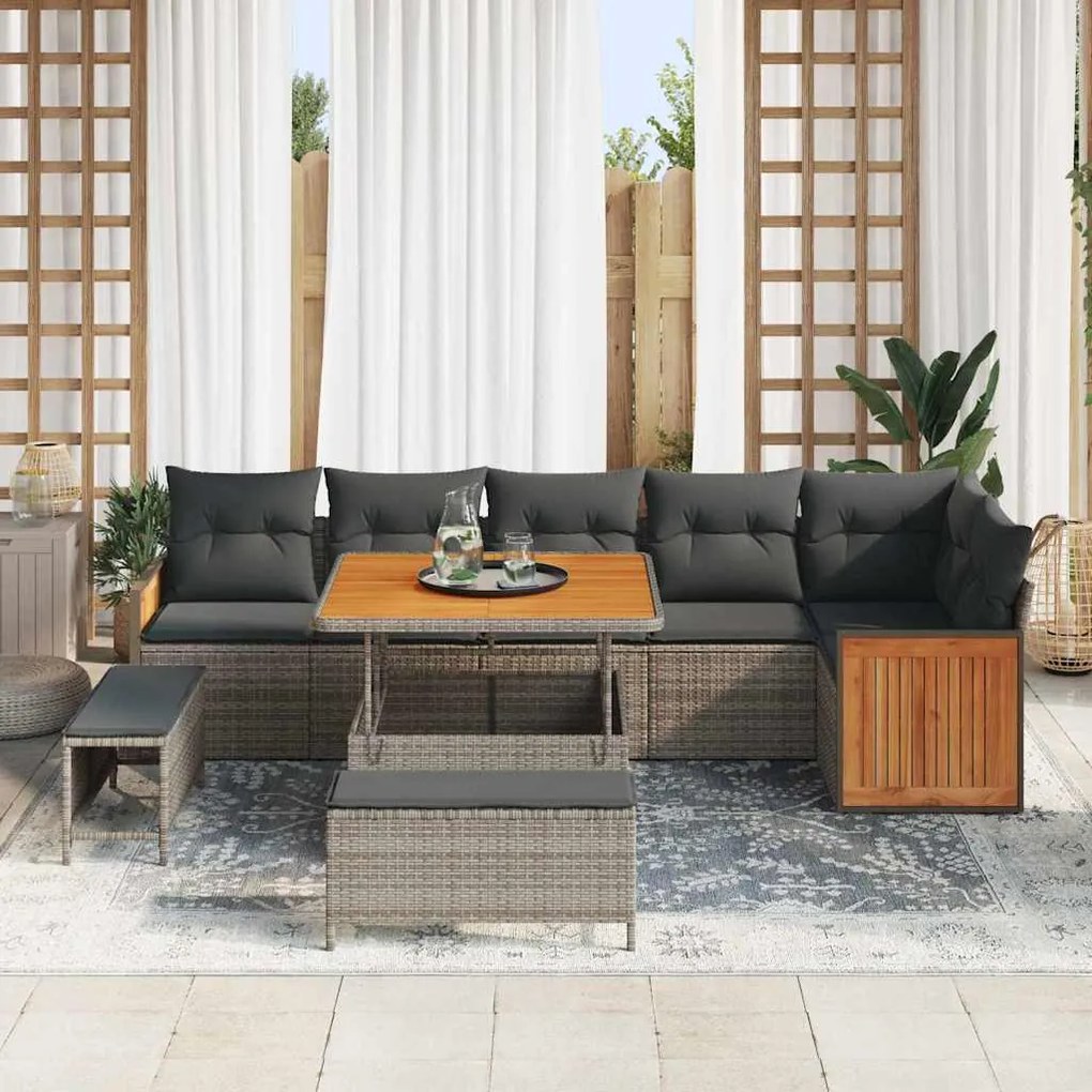 Conjunto de Sofá de Jardim de 9 Peças com Almofadas Cinza Polyrattan A