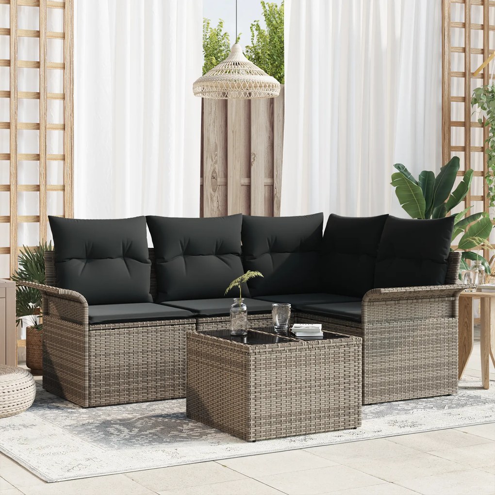 Conjunto de Sofá de Jardim de 4 Peças com Almofadas de Rattan Preto Polirattan