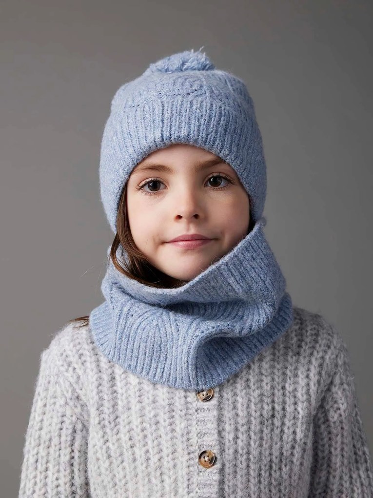 Conjunto gorro + gola snood + mitenes, em malha cintilante aos torcidos azul-acinzentado