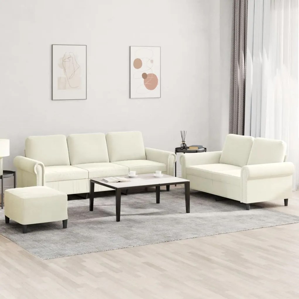 3 pcs conjunto de sofás com almofadões veludo cor creme